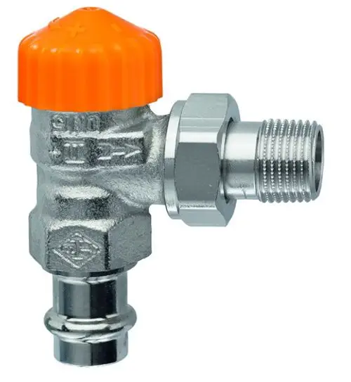 Thermostatventilunterteil aus Metall mit orangefarbener Kappe und einer seitlichen Gewindeverbindung. Hersteller ist IMI Hydronic Engineering.